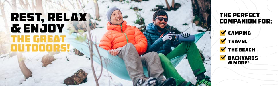 Men traveler sitting blue hammock woods forest rest relax enjoy outdoors backyards camping travel