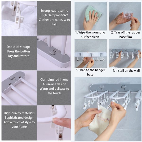 Foldable hangers, laundry drying racks, wall racks for clothes racks, clothing drying racks, wall-mounted folding drying rack clips, socks, towels, underwear, gloves - Image 3