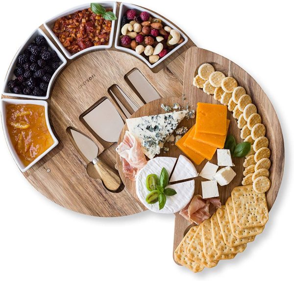 Cheese Board Set - Charcuterie Board Set and Cheese Serving Platter. US Patented 13 inch Meat/Cheese Cutting Board and Knife Set for Entertaining and Serving - 4 Knives and 4 Bowls Server Plate