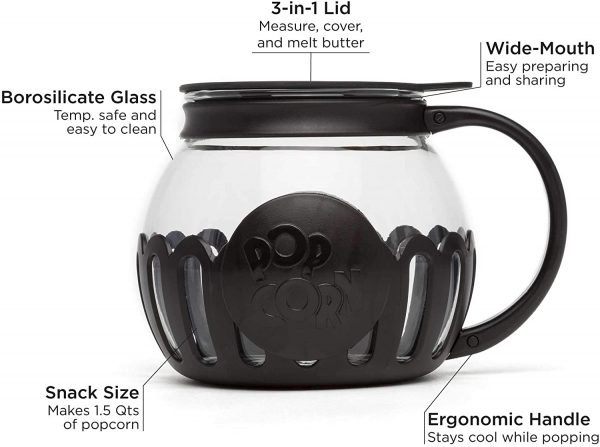 Ecolution Original Microwave Micro-Pop Popcorn Popper, Borosilicate Glass, 3-in-1 Lid, Dishwasher Safe, BPA Free, 3 Quart Family Size, Black - Image 5