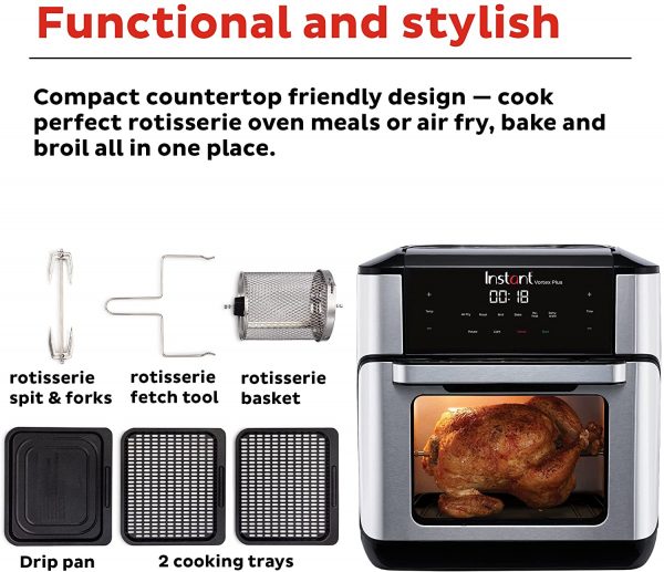 Instant Vortex Plus 10 Quart Air Fryer, Rotisserie and Convection Oven, Air Fry, Roast, Bake, Dehydrate and Warm, 1500W, Stainless Steel and Black - Image 3