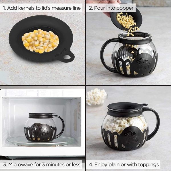 Ecolution Original Microwave Micro-Pop Popcorn Popper, Borosilicate Glass, 3-in-1 Lid, Dishwasher Safe, BPA Free, 3 Quart Family Size, Black - Image 2