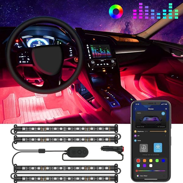 Govee Interior Lights for Car, App Control Smart Car Lights with DIY Mode and Music Mode, Waterproof LED Interior Lights with 2 Lines Design, RGB Under Dash Car LED Lights with Car Charger, DC 12V