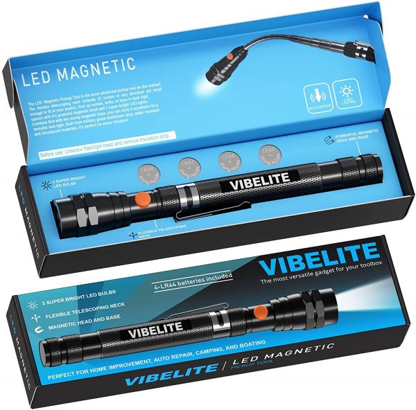 VIBELITE Magnet 3 LED Magnetic Pickup tool, Telescoping Flexible Extensible Led Flashlights, Perfect Mechanic Pick-up Tools Gifts for Men, 4 x LR44 Batteries