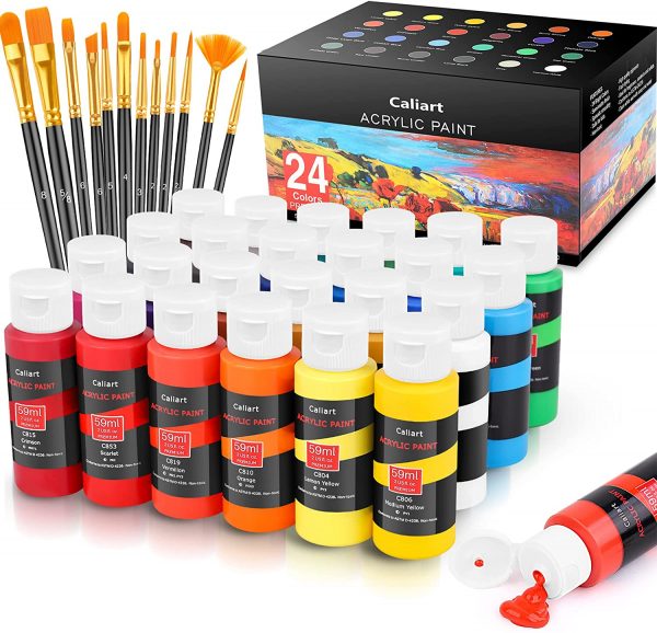 Caliart Acrylic Paint Set with 12 Brushes, 24 Classic Colors (59ml, 2oz) Art Craft Paints for Artists Kids Students Beginners, Canvas Ceramic Wood Fabric Christmas Decorations Rock Painting Supplies