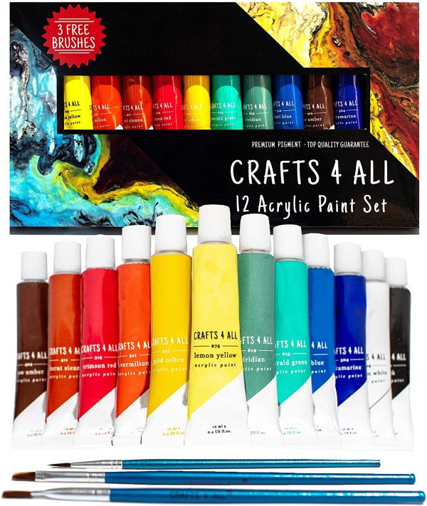 Crafts 4 All Acrylic Paint Set - 12-Pack of 12mL Art Paints for Canvas, Painting Decorations, Wood, Ceramics and Fabrics - Craft Painting Supplies for Beginners and Professional Artists