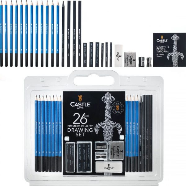 Castle Art Supplies 26 Piece Drawing and Sketching Pencil Art Set: Perfect for Beginners, Kids or Any Aspiring Artist - Includes Graphite Pencils and Sticks, Charcoal Pencils, Erasers and Sharpeners