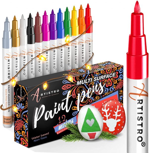 Paint Pens for Rock Painting, Stone, Ceramic, Glass, Wood, Canvas. Set of 12 Acrylic Paint Markers Extra-fine Tip