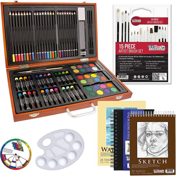 US Art Supply 82 Piece Deluxe Art Creativity Set in Wooden Case with BONUS 20 additional pieces - Deluxe Art Set