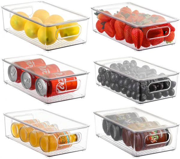 Refrigerator Organizer Bins with Lids, ESARORA 6 PACK Stackable Clear Fridge Bins with Handles For Fridge, Freezer, Kitchen Cabinet, Pantry Organization, BPA Free Freezer Organizer Bins