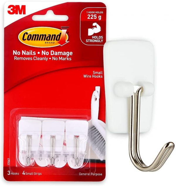 Command Small Wire Hooks, White, 3-Hooks, 4-Strips, Organize Damage-Free