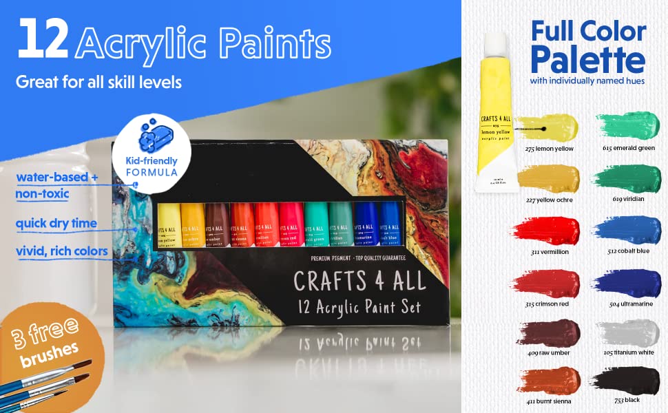 12pk of acrylic paints; water based and nontoxic