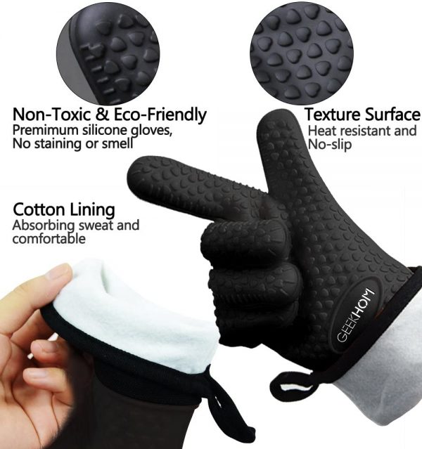 GEEKHOM Grilling Gloves, Heat Resistant Gloves BBQ Kitchen Silicone Oven Mitts, Long Waterproof Non-Slip Potholder for Barbecue, Cooking, Baking (L/XL, Black) - Image 2