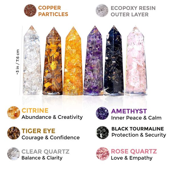 Healing Crystal Wand Set of 6 Orgonite – Includes 3” Amethyst Crystal, Tigers Eye, Rose Quartz, Black Tourmaline Stone, Citrine and Clear Quartz Orgone Crystal Plus Black Tourmaline Necklace - Image 2