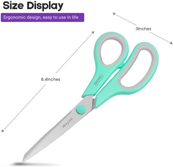 Scissors, iBayam 8" Multipurpose Scissors Bulk 3-Pack, Ultra Sharp Blade Shears, Comfort-Grip Handles, Sturdy Sharp Scissors for Office Home School Sewing Fabric Craft Supplies, Right/Left Handed - Image 2