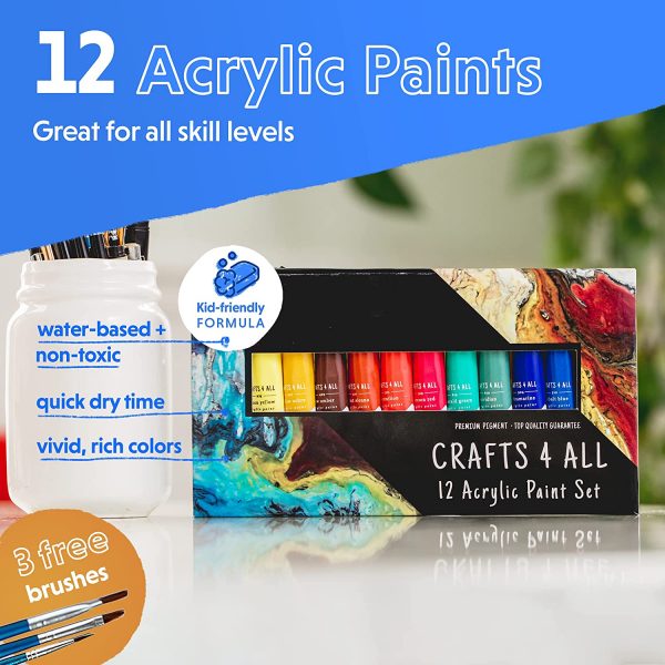 Crafts 4 All Acrylic Paint Set - 12-Pack of 12mL Art Paints for Canvas, Painting Decorations, Wood, Ceramics and Fabrics - Craft Painting Supplies for Beginners and Professional Artists - Image 2