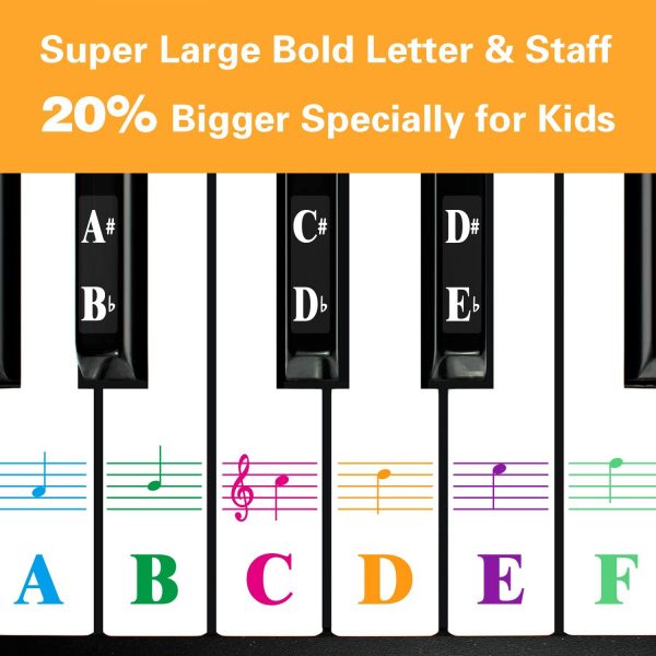 Piano Keyboard Stickers for 88/76/61/54/49 Key. Colorful Bold Large Letter Piano Stickers for Learning.Multi-Color, Transparent, Removable - Image 2