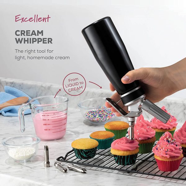 Professional Whipped-Cream Dispenser - Highly Durable Aluminum Cream Whipper, 3 Various Stainless Culinary Decorating Nozzles and 1 Brush - Whip-Cream Canister with Recipe Guide - Homemade Cream Maker