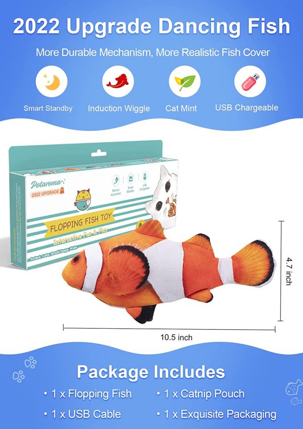 Potaroma Flopping Fish 10.5", Upgraded for 2022, Moving Cat Kicker Toy, Floppy Fish Animal Toy for Small Dogs, Wiggle Fish Catnip Toys, Motion Kitten Toy, Interactive Cat Toys for Cat Exercise