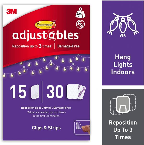 Command Adjustables Repositionable Transparent Clips, 15 Clips and 30 Strips, Holds up to 225g