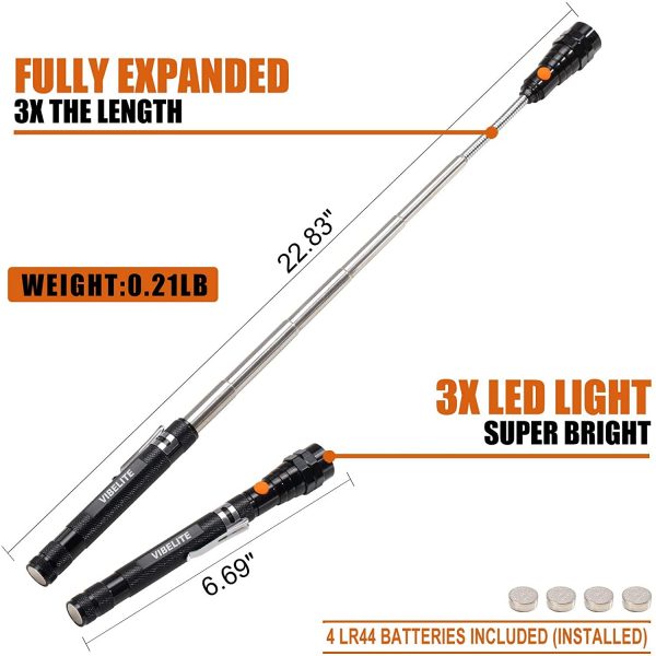 VIBELITE Magnet 3 LED Magnetic Pickup tool, Telescoping Flexible Extensible Led Flashlights, Perfect Mechanic Pick-up Tools Gifts for Men, 4 x LR44 Batteries - Image 9