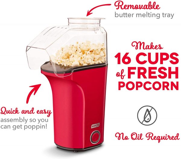 DASH DAPP150V2WH04 Hot Air Popcorn Popper Maker with Measuring Cup To Portion popping Corn Kernels + Melt Butter, Makes 16C - Image 5