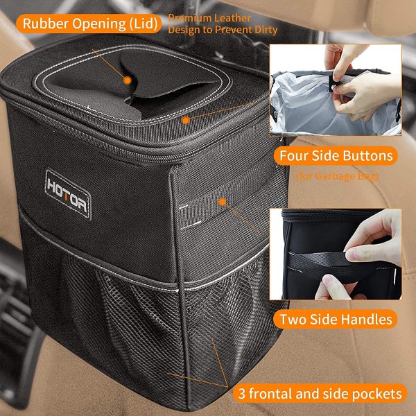 HOTOR Car Trash Can with Lid and Storage Pockets, 100% Leak-Proof Car Organizer, Waterproof Car Garbage Can, Multipurpose Trash Bin for Car - Black - Image 7