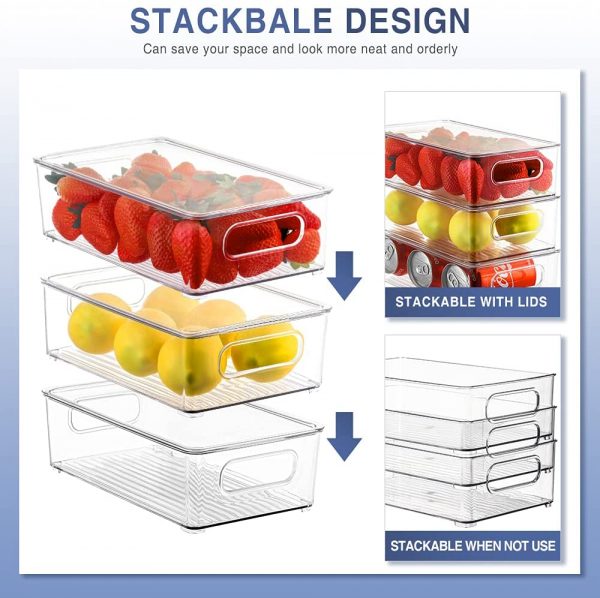 Refrigerator Organizer Bins with Lids, ESARORA 6 PACK Stackable Clear Fridge Bins with Handles For Fridge, Freezer, Kitchen Cabinet, Pantry Organization, BPA Free Freezer Organizer Bins - Image 6