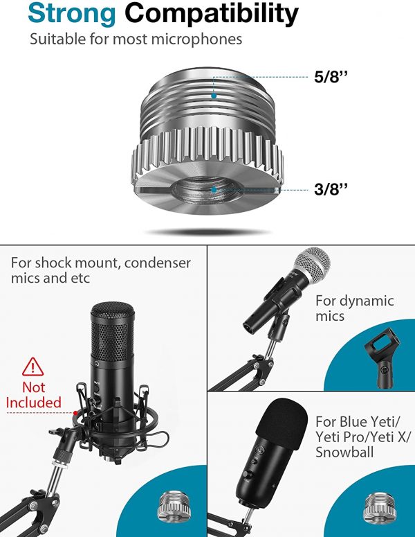 InnoGear Microphone Arm, Upgraded Mic Arm Microphone Stand Boom Suspension Stand with 3/8" to 5/8" Screw Adapter Clip for Blue Yeti Snowball, Yeti Nano, Yeti x and other Mic - Image 5