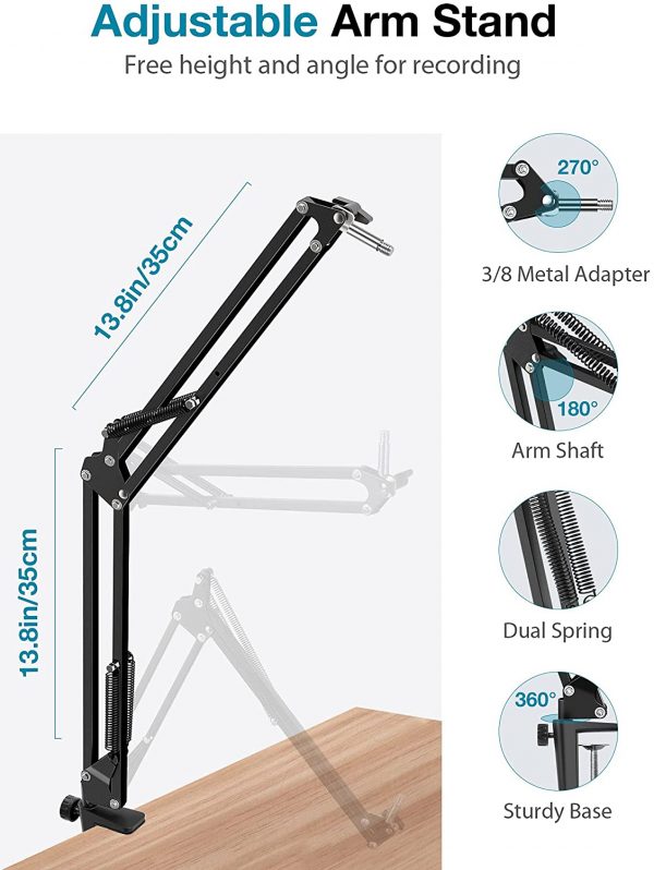 InnoGear Microphone Arm, Upgraded Mic Arm Microphone Stand Boom Suspension Stand with 3/8" to 5/8" Screw Adapter Clip for Blue Yeti Snowball, Yeti Nano, Yeti x and other Mic - Image 4