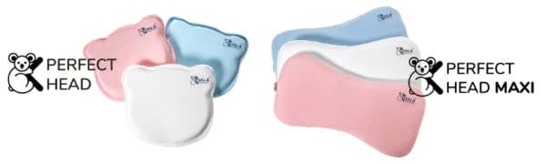 Plagiocephaly Newborn Pillows in normal and plus versions in three colourways: pink, blue and white