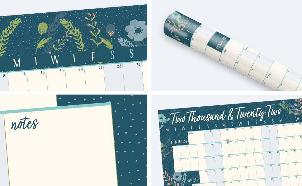 Close-ups of the shaded weekends, notes box, layout and the planner rolled for delivery.