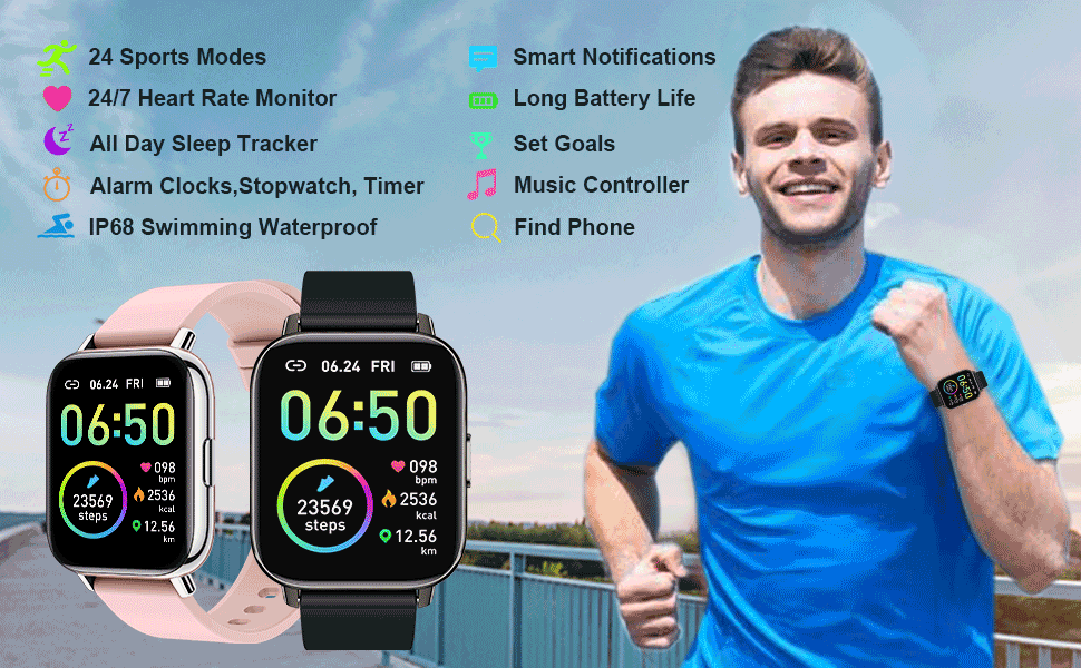 1.69-inch Screen Fitness Trackers Fitness Watch With Heart Rate Monitor Waterproof IP68 Smartwatch