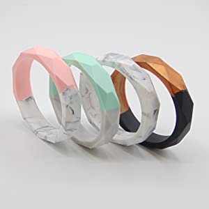 4 Silicone Teething Bangles in a range of colour ways peach marble mint grey black copper