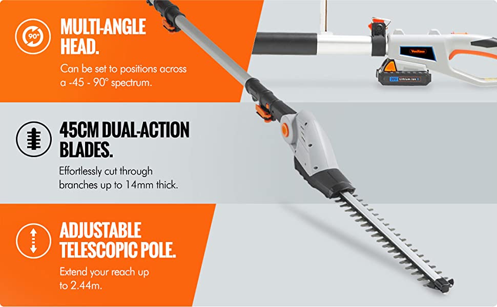 Multi Angle Adjustable Head, Dual Action Blades, Telescopic Pole