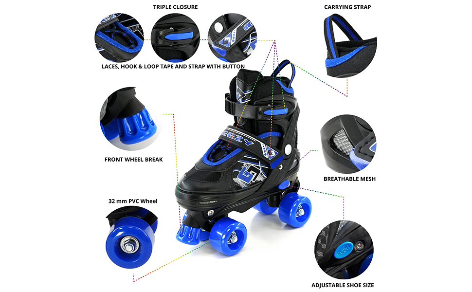 Kids Adjustable Quad Roller Skates, Red Roller Skates For Girls And Boys, 4 Wheel Skates