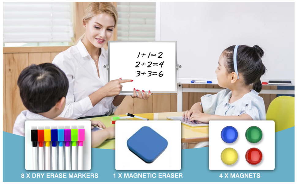 8 pcs magnetic dry erase markers, 4 pcs magnetic piece, 1 pcs dry eraser and 1 pcs marker holder