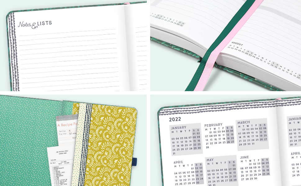 Close-ups of the notes & lists pages, ribbon page markers, pocket and year-to-view calendars.