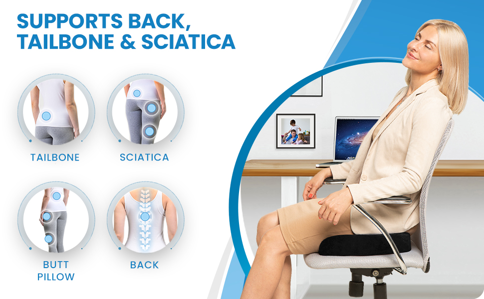 Office chair cushion supports back, tailbone, and sciatica