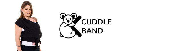 Mum standing with her son sleeping in a black baby sling and Koala Cuddle Band logo