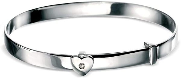 D for Diamond Children's Engravable 925 Sterling Silver, Rhodium Plated, Diamond Heart Christening Bangle, Naming Engraved for Baby Boy, Girl, Kids and Child Jewellery - Image 2