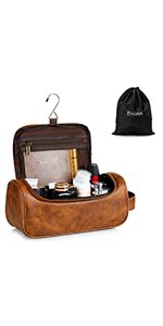 Elviros Toiletry Bag, Mens Leather Travel Organizer Kit with hanging hook