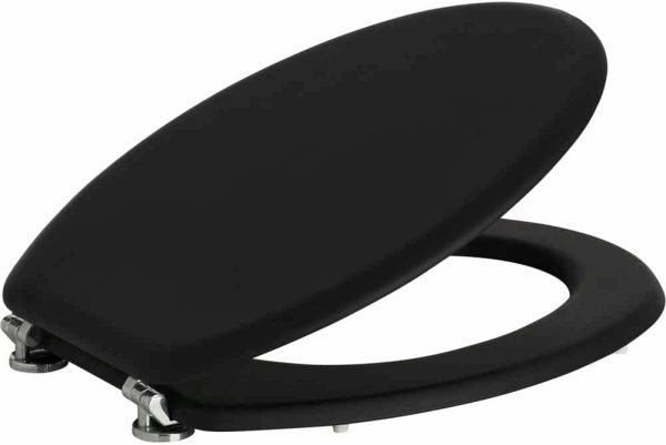 Matt Black Wood Toilet Seat with Stainless Steel Hinges, 45.5 x 36.7 x 5.2cm, Fittings Included & Easy to Install - Image 2