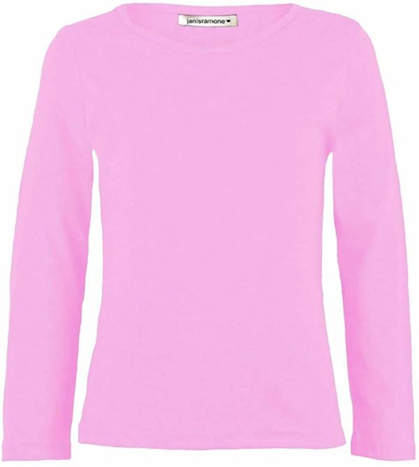 janisramone Kids Girls Boys New Plain Long Sleeve Basic Stretch Round Neck T-Shirt School Tee Top