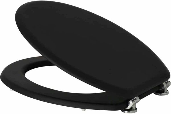 Matt Black Wood Toilet Seat with Stainless Steel Hinges, 45.5 x 36.7 x 5.2cm, Fittings Included & Easy to Install