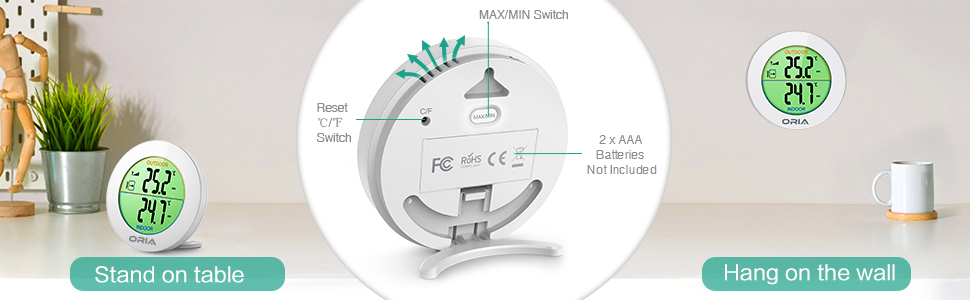 Main unit: 2 * AAA Batteries; * Wireless Sensor: 2 * AAA Batteries Mounting: Table Top, Wall Bracket