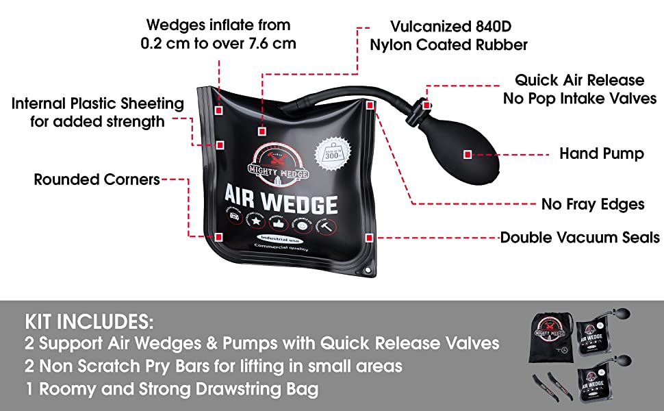 Kit includes 2 air wedges, 1 pry bars, 1 bag