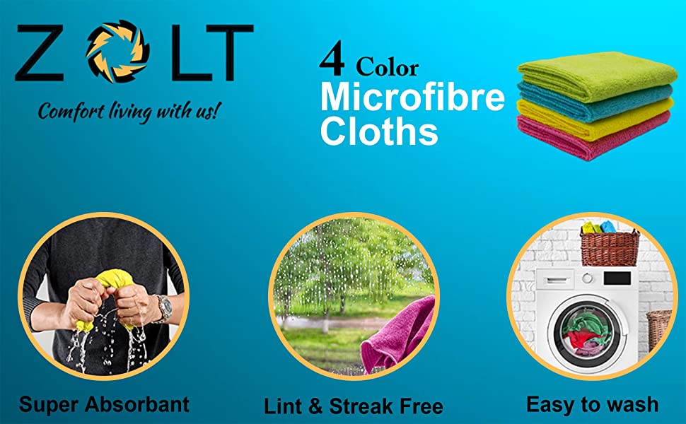 Zolt Presents Four Color Microfibre Cloths. Super Absorbent, Lint & Streak free and Easy to Wash