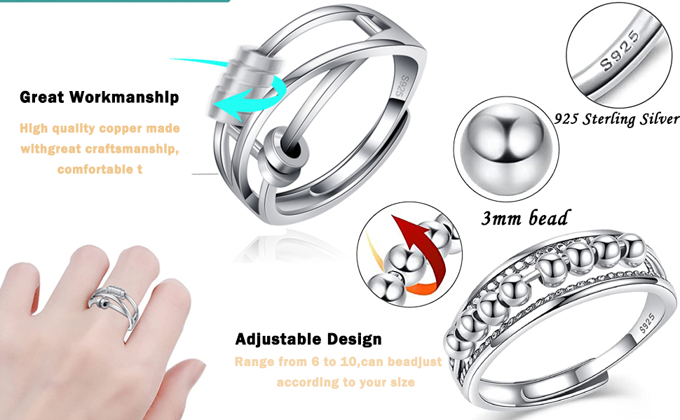 Sterling Silver Adjustable Anxiety Ring for Women Men Peace Fidget Spinner Rings 