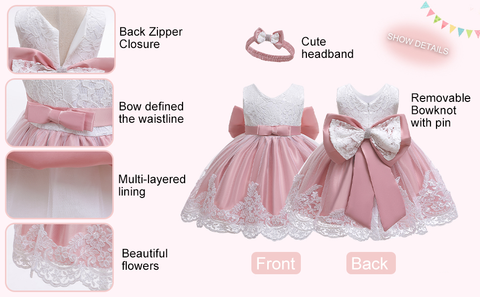 Baby Girls Lace Dress Bowknot Flower Dresses Wedding Pageant Baptism Christening Tutu Gown